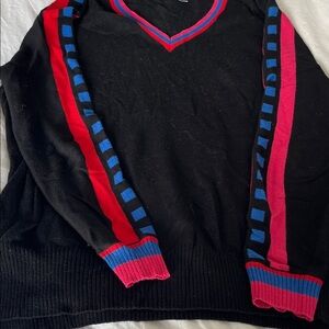 Zaket & Plover Black Sweater with Red Stripe and Blue squares. Very unique.